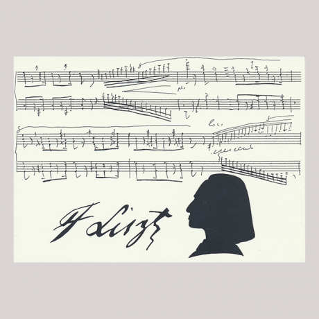 
        Front of silhouette, with man looking left, in the background musical stave, with the signature of the subject of the silhouette.